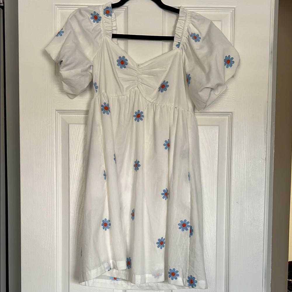 White Dress with Blue and Orange Floral Pattern